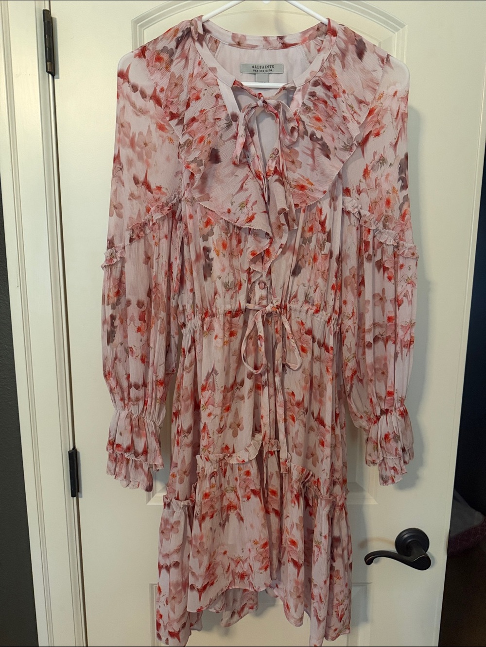 AllSaints Floral Ruffle Midi Dress US 2 Blush Pink Boho Long Sleeve